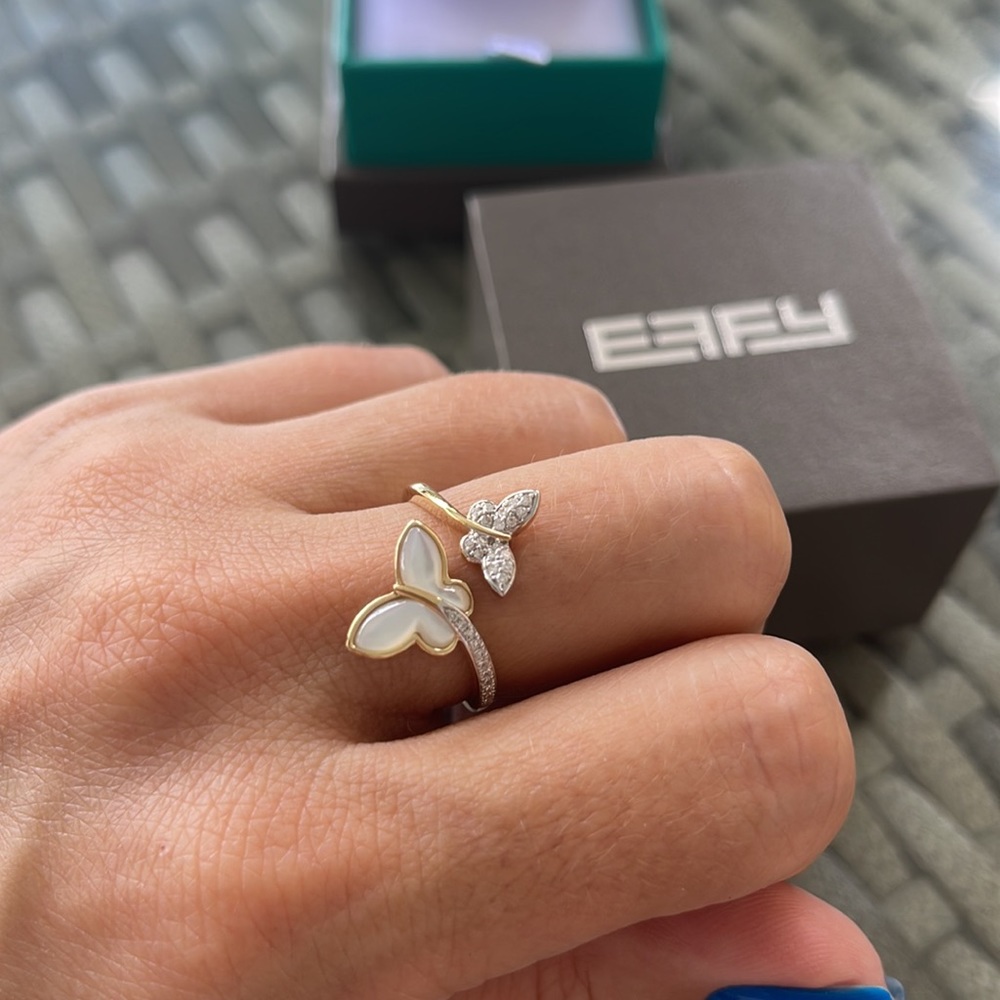 $2,650 EFFY New Butterfly Diamond ring mother pearl sz US 8 yellow gold - read!!